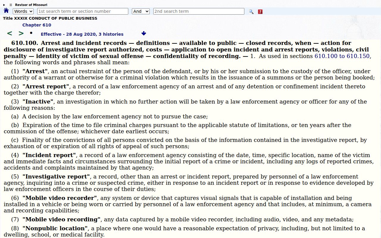Iron County arrest record access under Missouri section 610.100