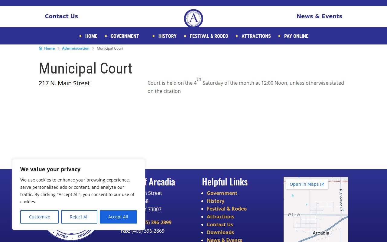 Arcadia criminal records municipal court information page
